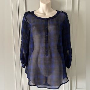 Express Sheer Blue Plaid Blouse Size Medium